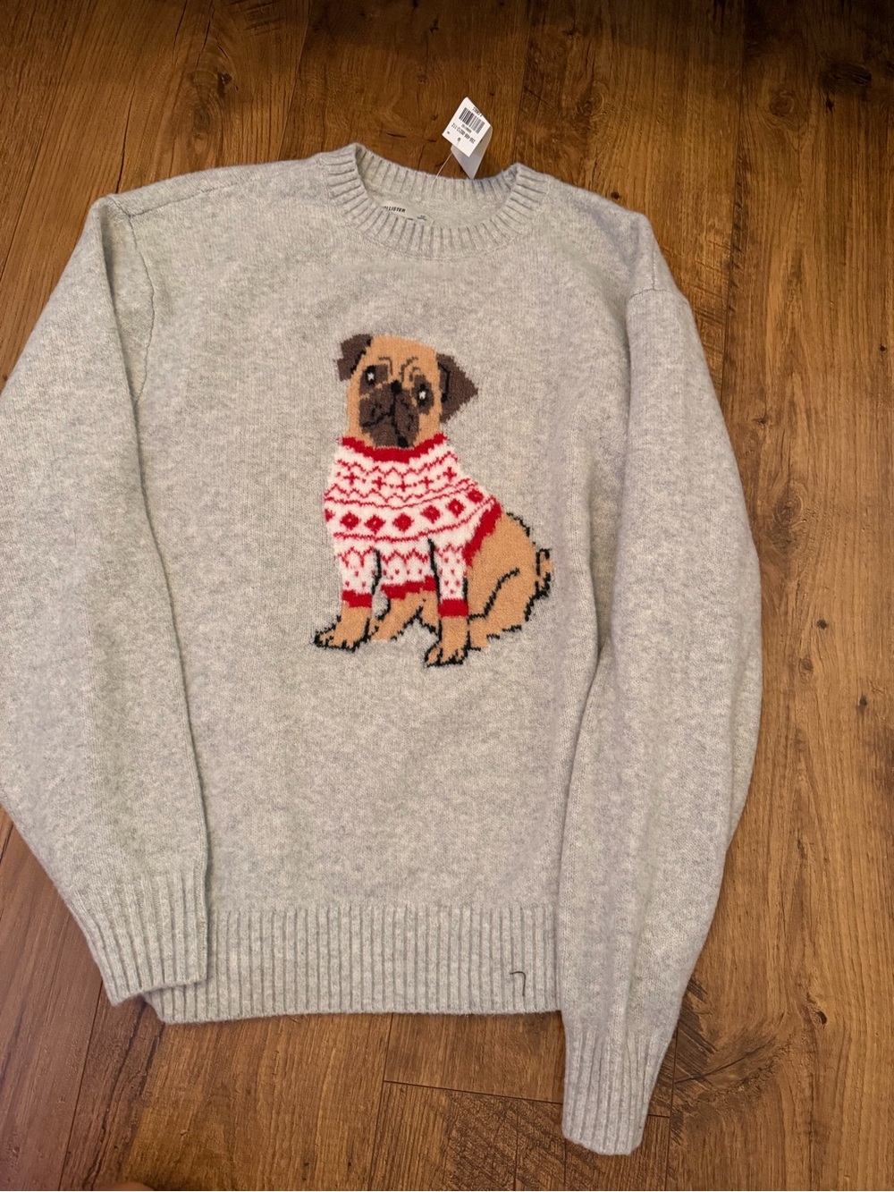 Hollister Light Gray Crewneck Sweater with Pug Graphic